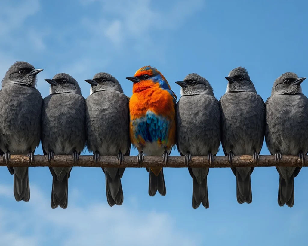 Ein bunter Vogel zwischen mehren grauen Vögeln als Verdeutlichung zum Thema Was bringt eine Positionierung