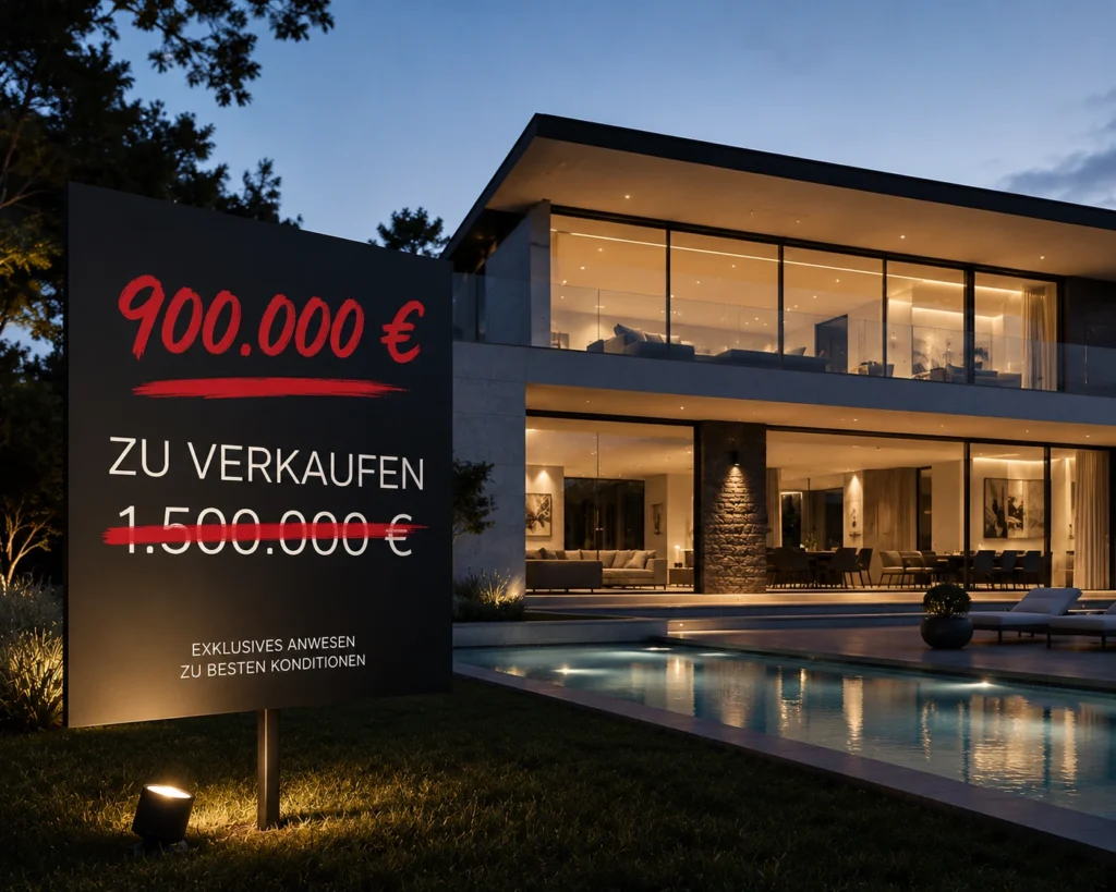 Ein korrigiertes Verkaufsschild vor einer Immobilie zur Visualisierung der 5 größten Fehler im Immobilienmarketing